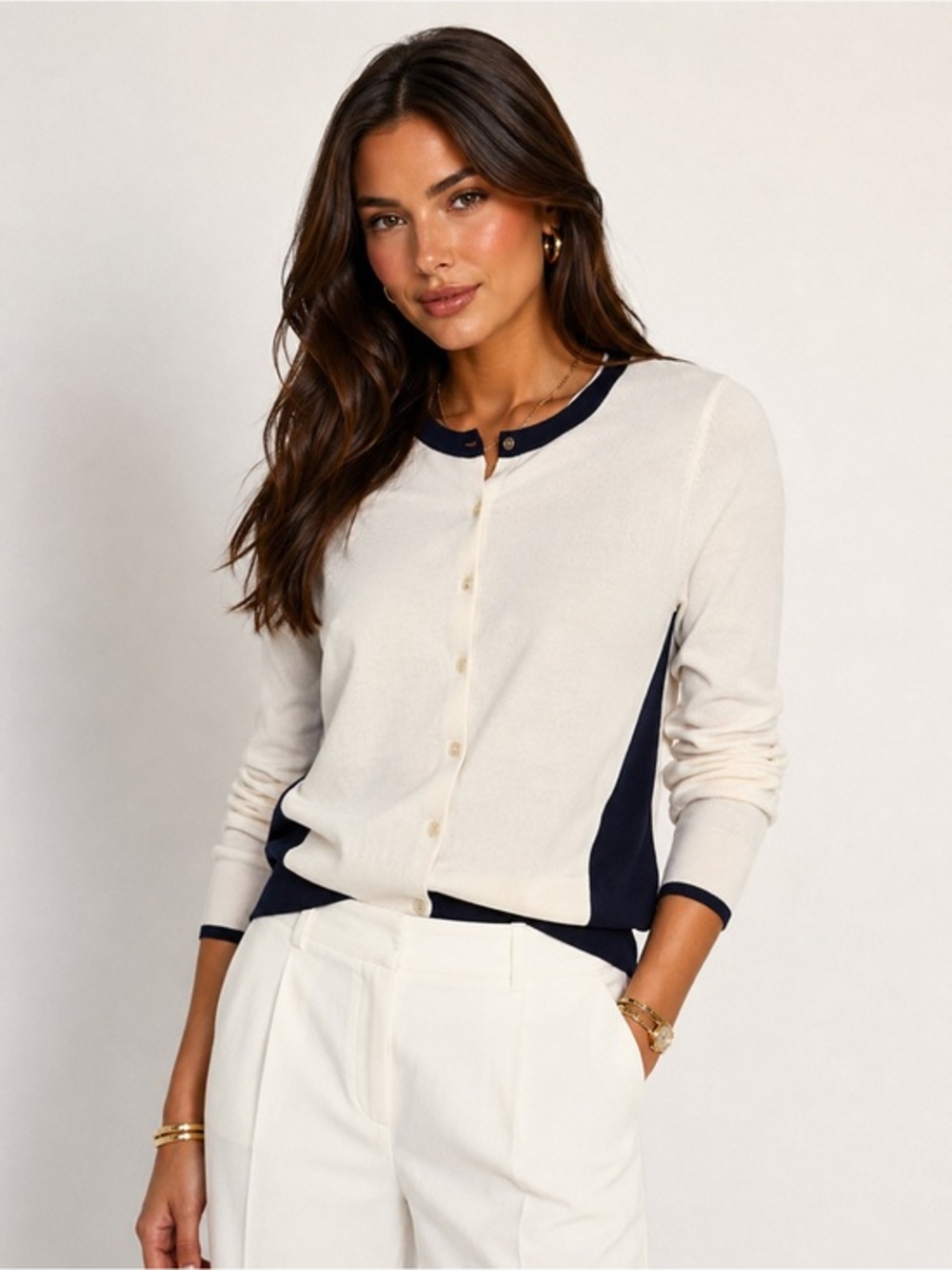 Lands' End Women's Navy and White 100% Supima Cotton Cardigan Fall Winter Cozy